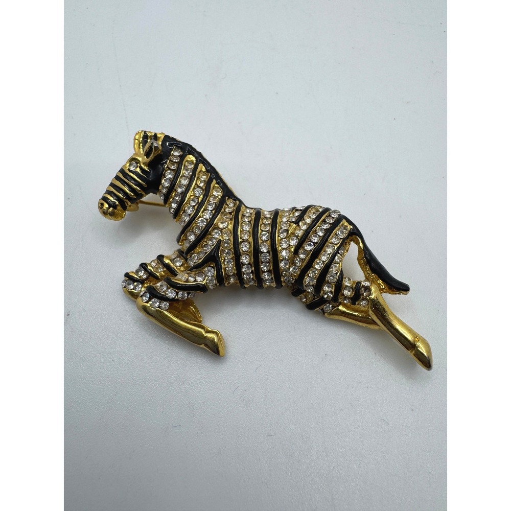 Vintage Gold Tone Zebra Brooch Black Enamel Rhinestone Animal Safari Pin